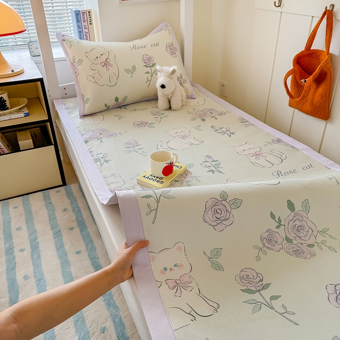 安哆啦家纺 2025新款A类小清新卡通学生季宿舍床儿童用冰藤凉席席子两件套 冰藤席-紫花猫