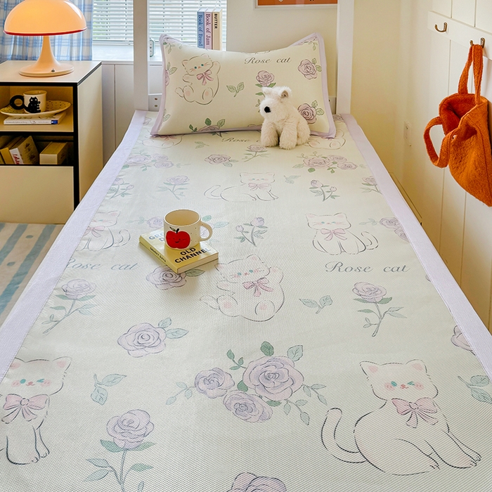 91家纺网 家纺一手货源 找家纺 安哆啦家纺 2025新款A类小清新卡通学生季宿舍床儿童用冰藤凉席席子两件套 冰藤席-紫花猫