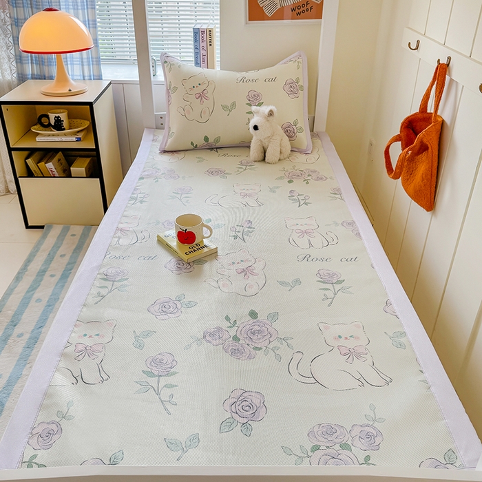 91家纺网 家纺一手货源 找家纺 安哆啦家纺 2025新款A类小清新卡通学生季宿舍床儿童用冰藤凉席席子两件套 冰藤席-紫花猫