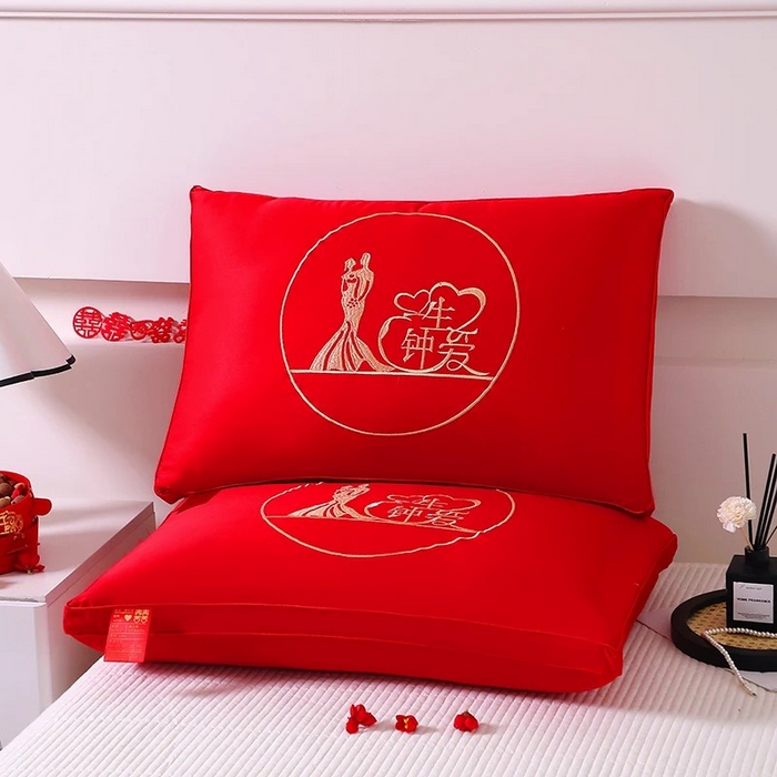 91家纺网 家纺一手货源 找家纺 雅晨枕芯 2025新款全棉纯棉刺绣喜庆婚庆结婚多用枕头枕芯 一生钟爱 48*74cm/只