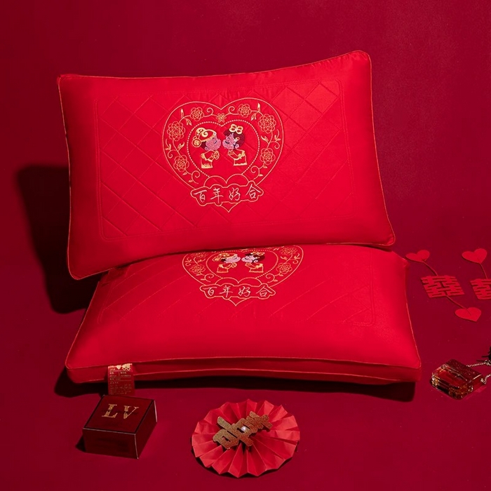 雅晨枕芯 2025新款全棉纯棉刺绣喜庆婚庆结婚多用枕头枕芯 百年好合-爱心 48*74cm/只
