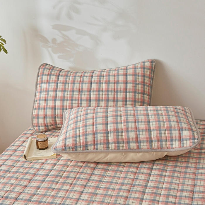 91家纺网 家纺一手货源 找家纺 伊人坊 2025新款A类全棉色织水洗棉大豆夹棉床笠 森屿 粉蓝