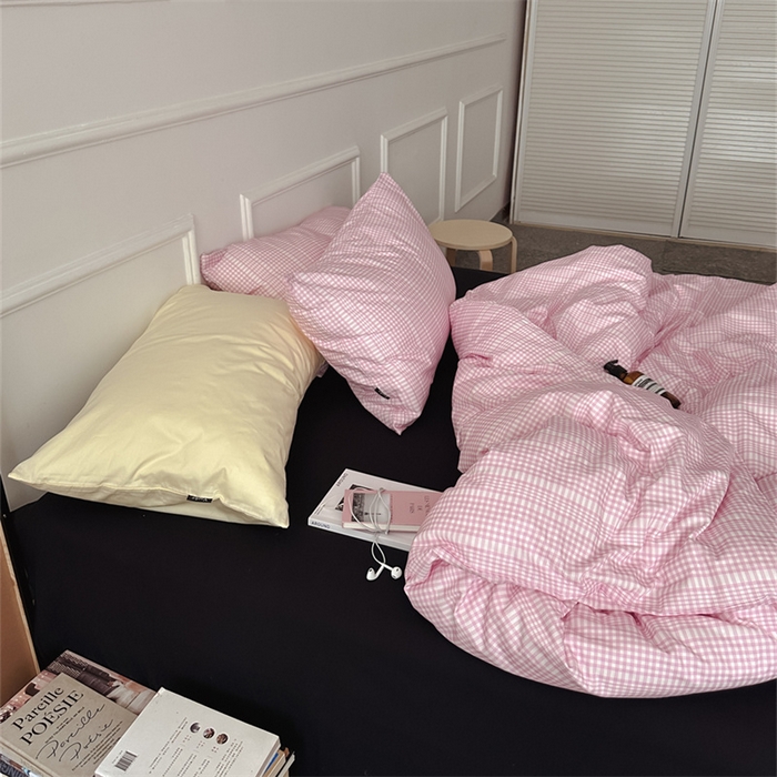 91家纺网 家纺一手货源 找家纺 柚可家居 2025新款全棉四件套-声语 声语（枕套格子+闪光米）