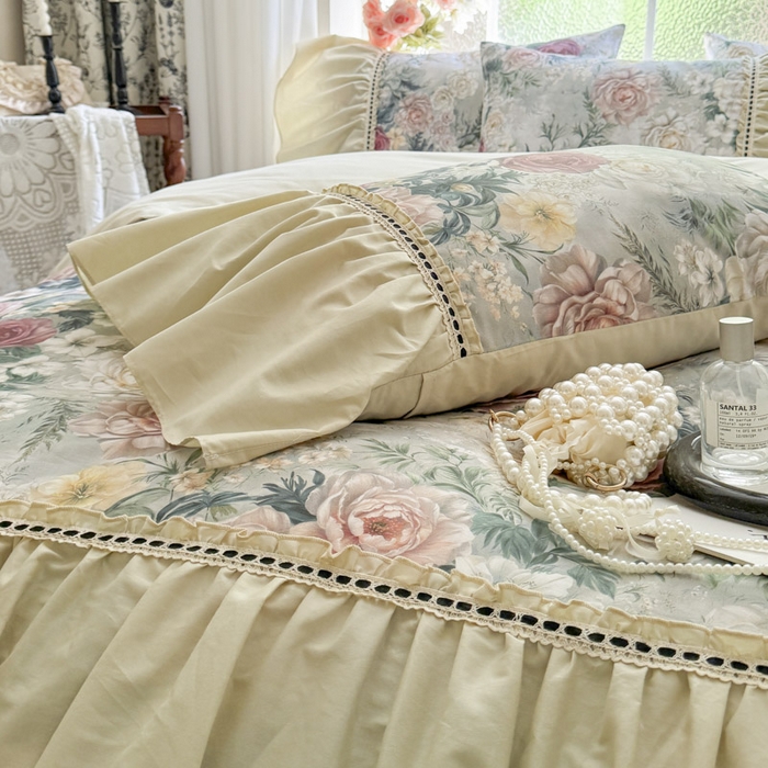 91家纺网 家纺一手货源 找家纺 （总）亲亲公主 2025新款全棉法式宽花边四件套-浅浅爱