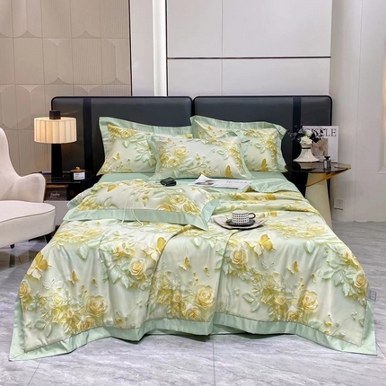 久久红 2025新款数码印花凉感冰丝羽丝棉填充夏被四件套 蝶恋花-抹茶绿