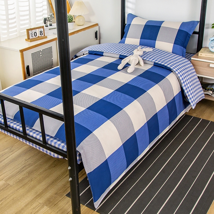 91家纺网 家纺一手货源 找家纺 乐旗 2025新款全棉12868学生宿舍三件套纯棉六件套装 蓝大格