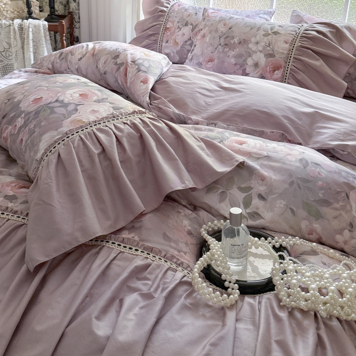 91家纺网 家纺一手货源 找家纺 亲亲公主 2025新款全棉法式宽花边四件套-玫瑰庄园 玫瑰庄园一豆沙粉