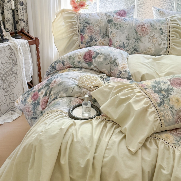 91家纺网 家纺一手货源 找家纺 （总）亲亲公主 2025新款全棉法式宽花边四件套-浅浅爱