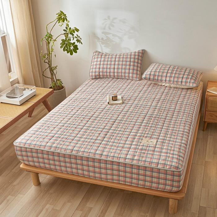 91家纺网 家纺一手货源 找家纺 伊人坊 2025新款A类全棉色织水洗棉大豆夹棉床笠 森屿 粉蓝