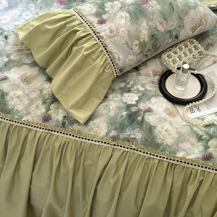 91家纺网 家纺一手货源 找家纺 亲亲公主 2025新款全棉法式宽花边四件套-玫瑰庄园 玫瑰庄园一抹茶绿