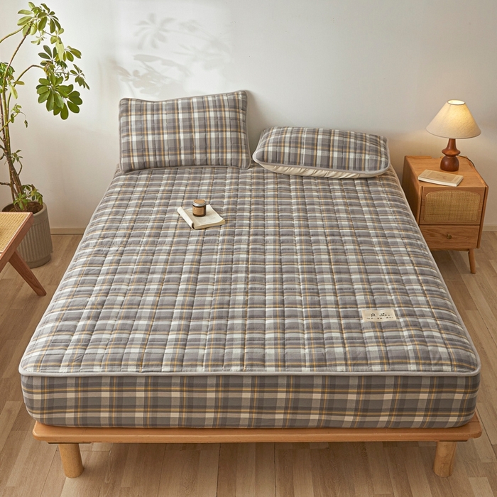 91家纺网 家纺一手货源 找家纺 伊人坊 2025新款A类全棉色织水洗棉大豆夹棉床笠 森屿 雾灰