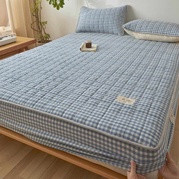 91家纺网 家纺一手货源 找家纺 伊人坊 2025新款A类全棉色织水洗棉大豆夹棉床笠 艾格 浅蓝