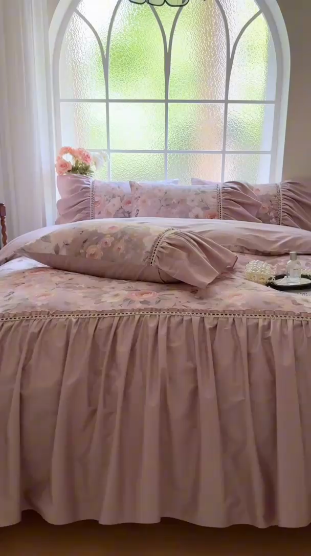 91家纺网 家纺一手货源 找家纺 （总）亲亲公主 2025新款全棉法式宽花边四件套-玫瑰庄园