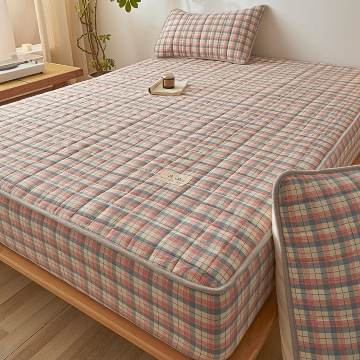 91家纺网 家纺一手货源 找家纺 伊人坊 2025新款A类全棉色织水洗棉大豆夹棉床笠 森屿 粉蓝