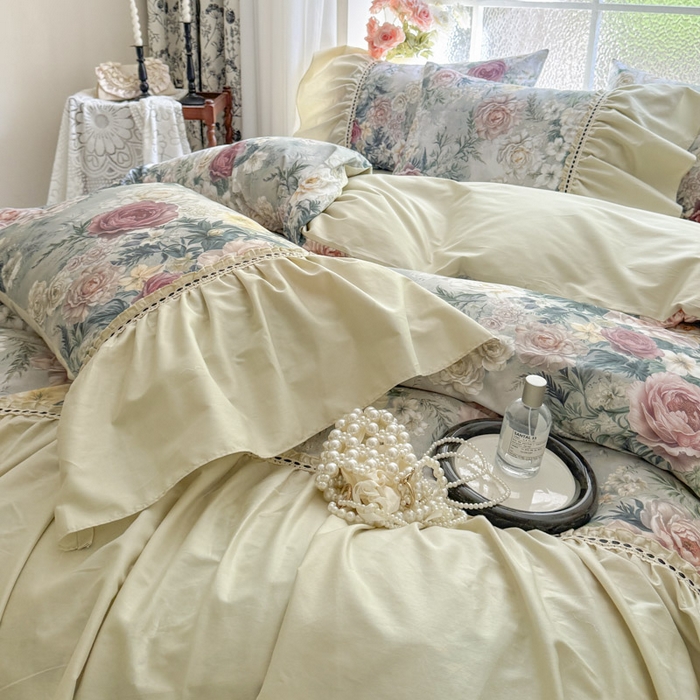 91家纺网 家纺一手货源 找家纺 （总）亲亲公主 2025新款全棉法式宽花边四件套-浅浅爱