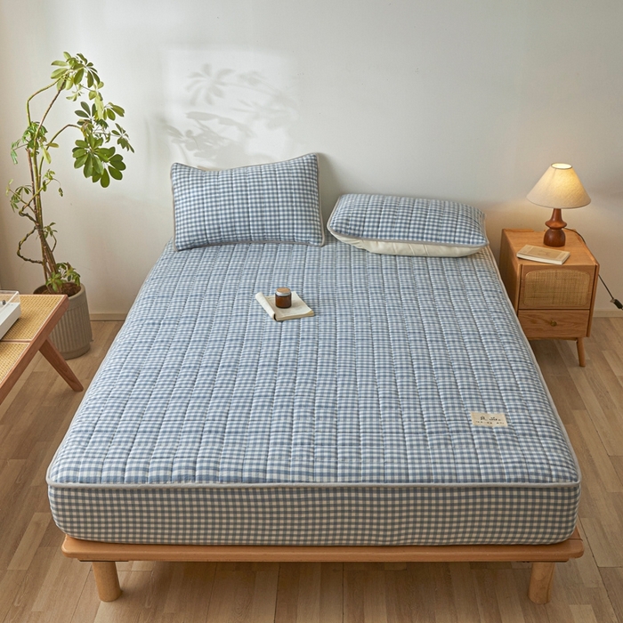 91家纺网 家纺一手货源 找家纺 伊人坊 2025新款A类全棉色织水洗棉大豆夹棉床笠 艾格 浅蓝