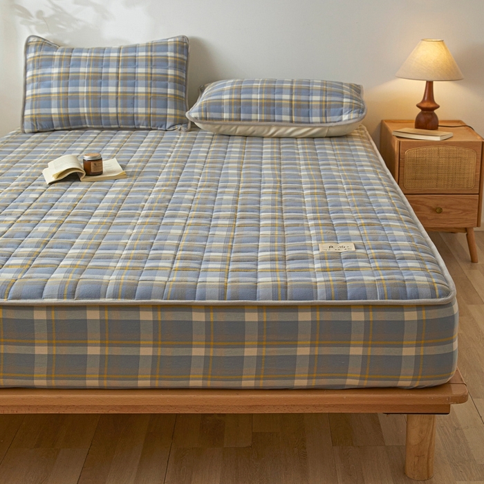 91家纺网 家纺一手货源 找家纺 伊人坊 2025新款A类全棉色织水洗棉大豆夹棉床笠 森屿 咖蓝