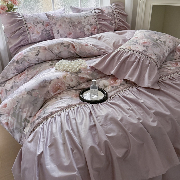 91家纺网 家纺一手货源 找家纺 亲亲公主 2025新款全棉法式宽花边四件套-玫瑰庄园 玫瑰庄园一豆沙粉