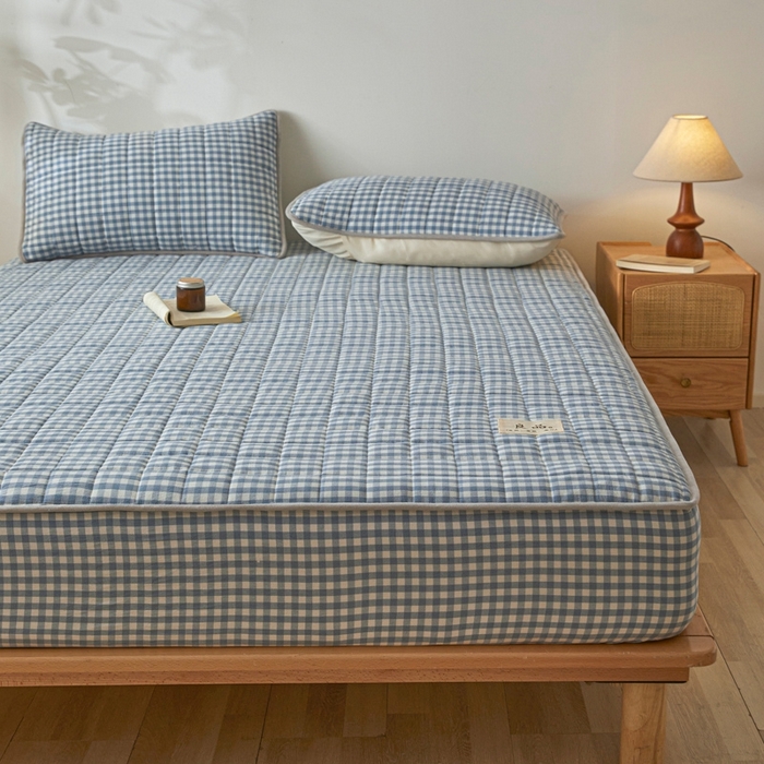 91家纺网 家纺一手货源 找家纺 伊人坊 2025新款A类全棉色织水洗棉大豆夹棉床笠 艾格 浅蓝