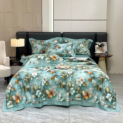 久久红 2025新款数码印花凉感冰丝羽丝棉填充夏被四件套 绿丛花海