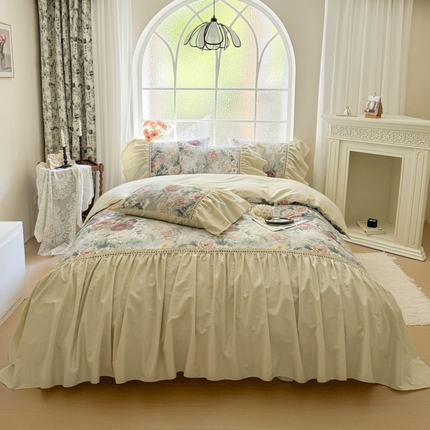 91家纺网 家纺一手货源 找家纺 （总）亲亲公主 2025新款全棉法式宽花边四件套-浅浅爱