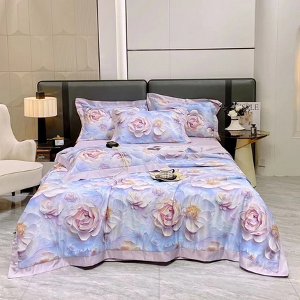 久久红 2025新款数码印花凉感冰丝羽丝棉填充夏被四件套 荷塘月色-紫