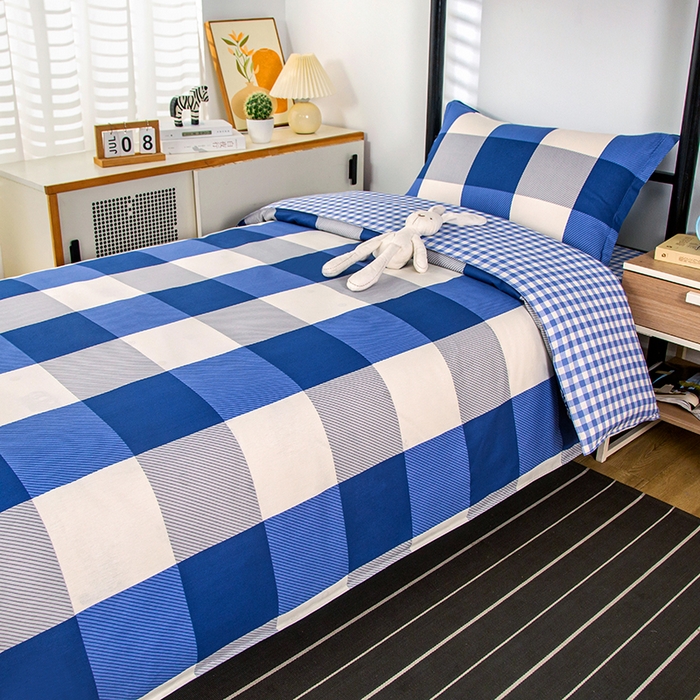 91家纺网 家纺一手货源 找家纺 乐旗 2025新款全棉12868学生宿舍三件套纯棉六件套装 蓝大格