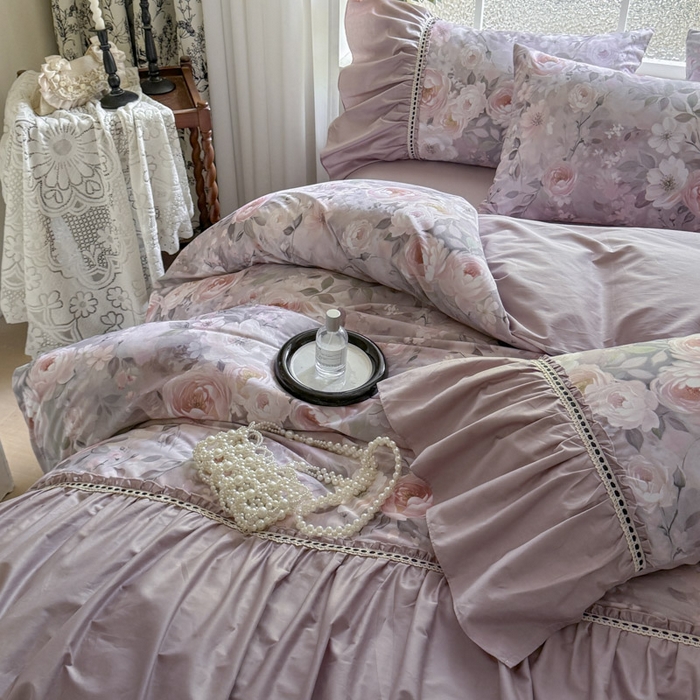 91家纺网 家纺一手货源 找家纺 亲亲公主 2025新款全棉法式宽花边四件套-玫瑰庄园 玫瑰庄园一豆沙粉