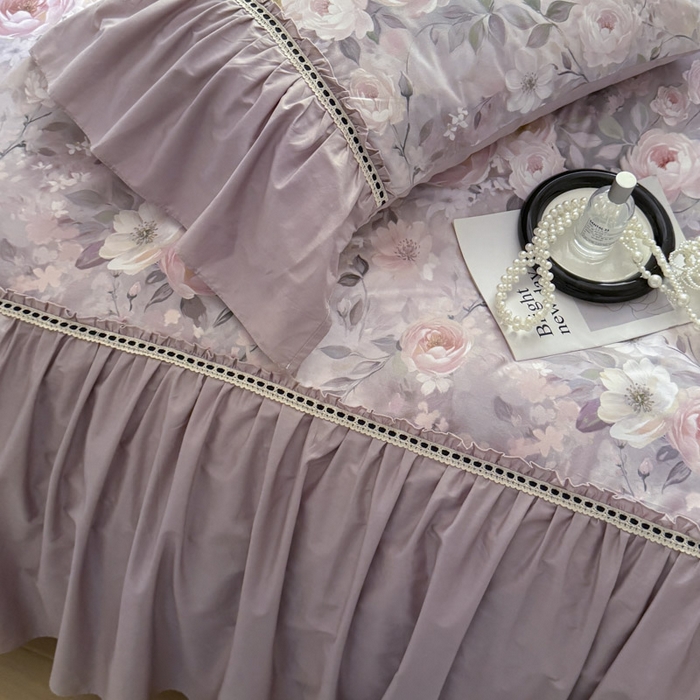 91家纺网 家纺一手货源 找家纺 亲亲公主 2025新款全棉法式宽花边四件套-玫瑰庄园 玫瑰庄园一豆沙粉