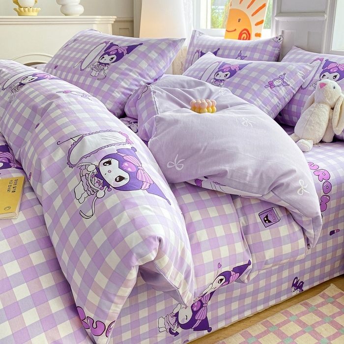 91家纺网 家纺一手货源 找家纺 爱丽丝 2025新款正版授权三丽鸥全棉40支13372单被套 格子库洛米