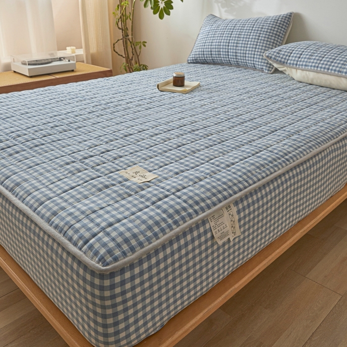 91家纺网 家纺一手货源 找家纺 伊人坊 2025新款A类全棉色织水洗棉大豆夹棉床笠 艾格 浅蓝