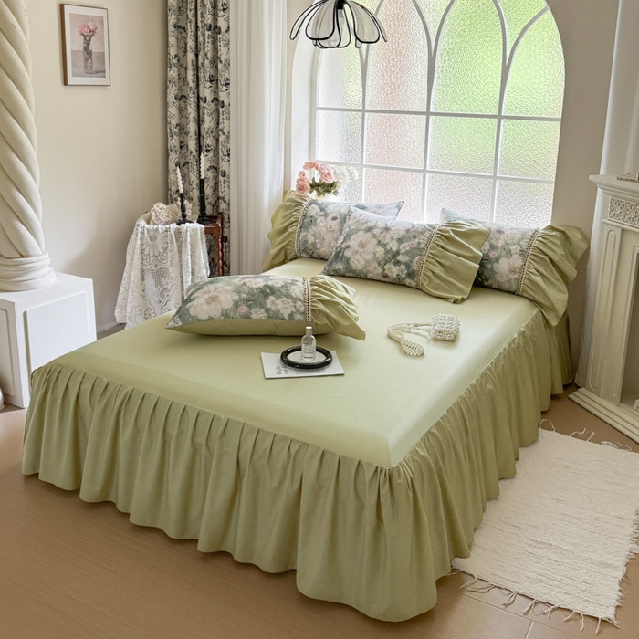 91家纺网 家纺一手货源 找家纺 亲亲公主 2025新款全棉法式宽花边四件套-玫瑰庄园 玫瑰庄园一抹茶绿