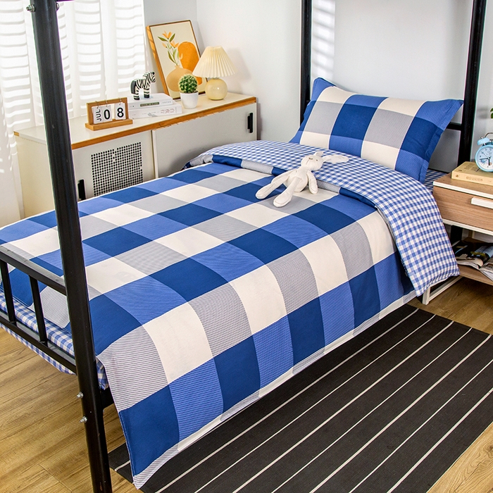 91家纺网 家纺一手货源 找家纺 乐旗 2025新款全棉12868学生宿舍三件套纯棉六件套装 蓝大格