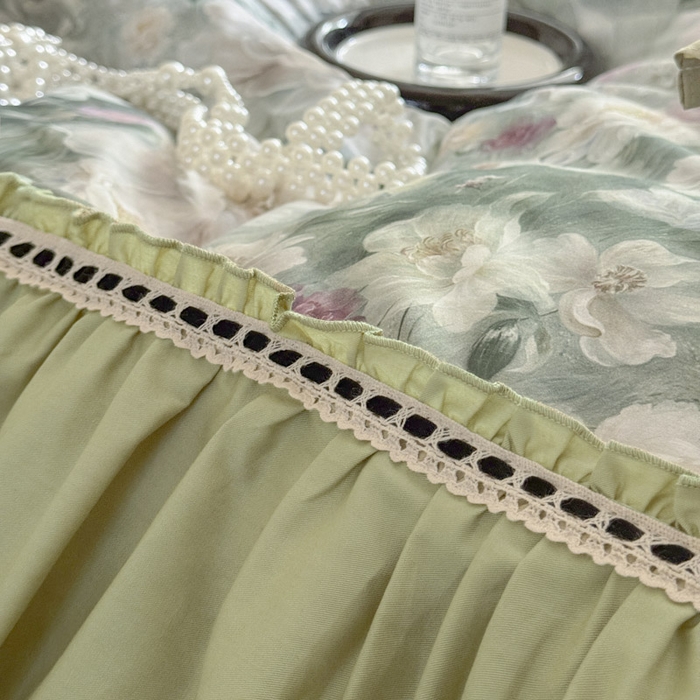 91家纺网 家纺一手货源 找家纺 亲亲公主 2025新款全棉法式宽花边四件套-玫瑰庄园 玫瑰庄园一抹茶绿
