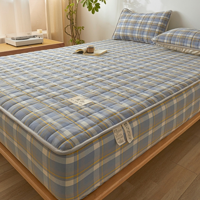 91家纺网 家纺一手货源 找家纺 伊人坊 2025新款A类全棉色织水洗棉大豆夹棉床笠 森屿 咖蓝