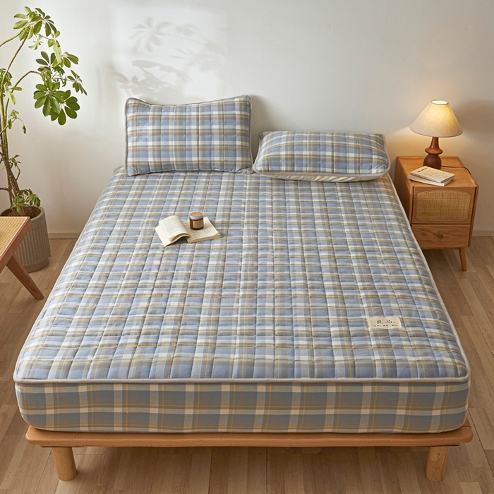 91家纺网 家纺一手货源 找家纺 伊人坊 2025新款A类全棉色织水洗棉大豆夹棉床笠 森屿 咖蓝