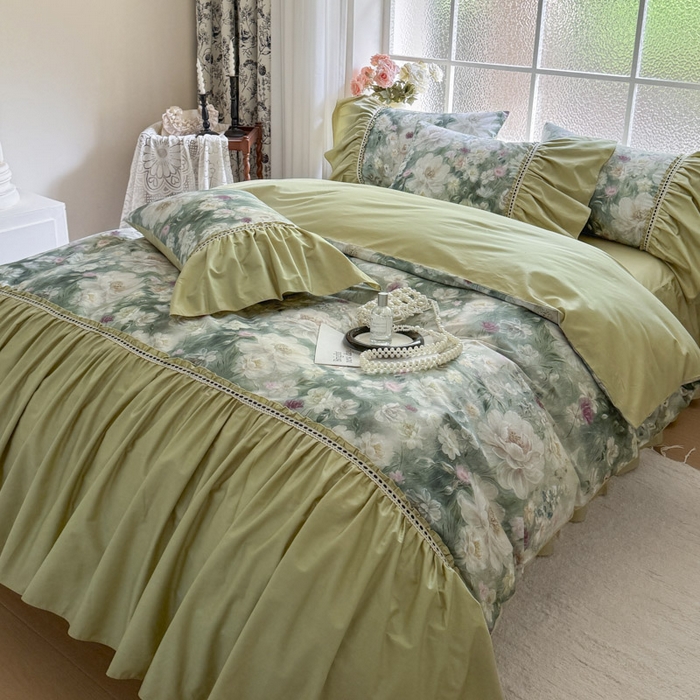 91家纺网 家纺一手货源 找家纺 亲亲公主 2025新款全棉法式宽花边四件套-玫瑰庄园 玫瑰庄园一抹茶绿