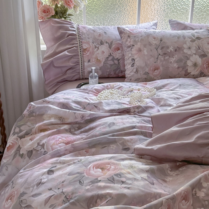91家纺网 家纺一手货源 找家纺 亲亲公主 2025新款全棉法式宽花边四件套-玫瑰庄园 玫瑰庄园一豆沙粉