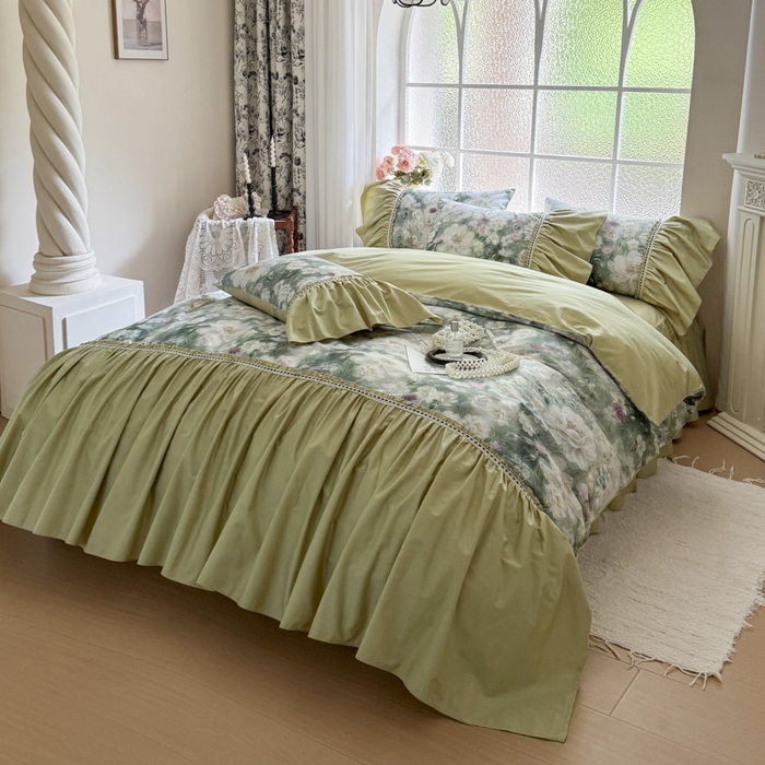 91家纺网 家纺一手货源 找家纺 亲亲公主 2025新款全棉法式宽花边四件套-玫瑰庄园 玫瑰庄园一抹茶绿