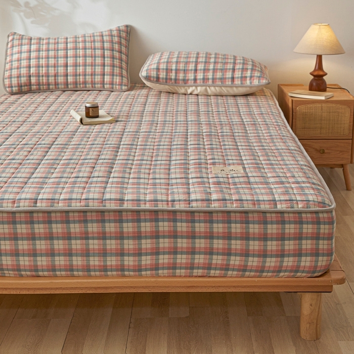 91家纺网 家纺一手货源 找家纺 伊人坊 2025新款A类全棉色织水洗棉大豆夹棉床笠 森屿 粉蓝