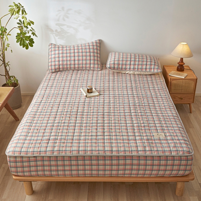 91家纺网 家纺一手货源 找家纺 伊人坊 2025新款A类全棉色织水洗棉大豆夹棉床笠 森屿 粉蓝