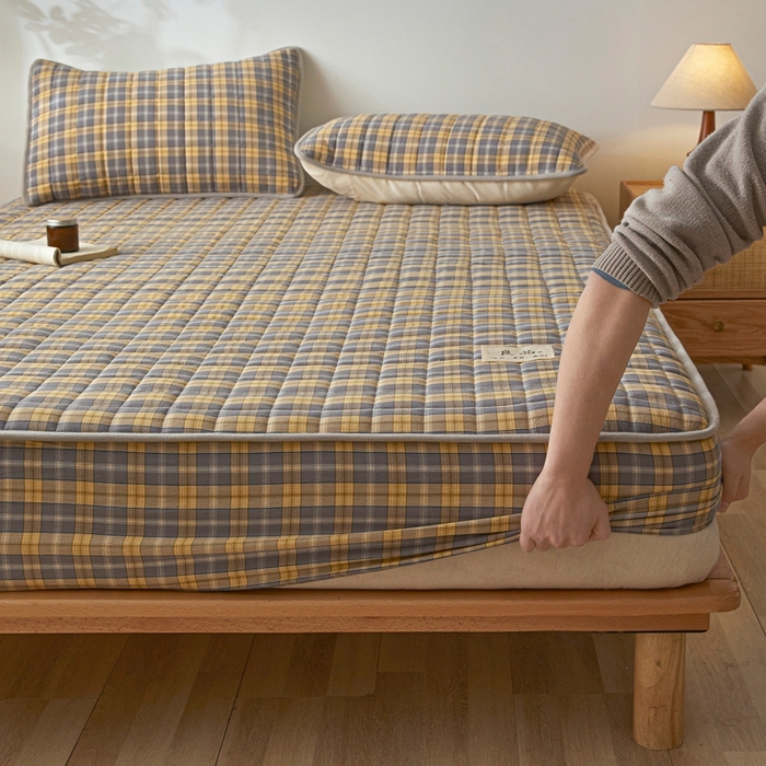 91家纺网 家纺一手货源 找家纺 伊人坊 2025新款A类全棉色织水洗棉大豆夹棉床笠 森屿 咖黄