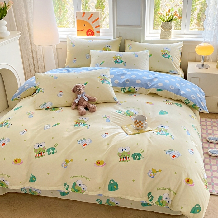 91家纺网 家纺一手货源 找家纺 爱丽丝 2025新款正版授权三丽鸥全棉40支13372单被套 萌萌大眼蛙