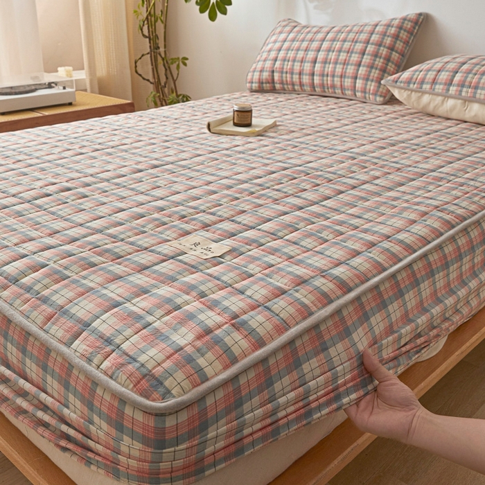 91家纺网 家纺一手货源 找家纺 伊人坊 2025新款A类全棉色织水洗棉大豆夹棉床笠 森屿 粉蓝