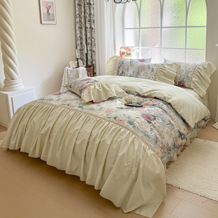 91家纺网 家纺一手货源 找家纺 （总）亲亲公主 2025新款全棉法式宽花边四件套-浅浅爱