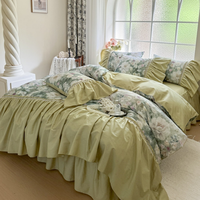 91家纺网 家纺一手货源 找家纺 亲亲公主 2025新款全棉法式宽花边四件套-玫瑰庄园 玫瑰庄园一抹茶绿