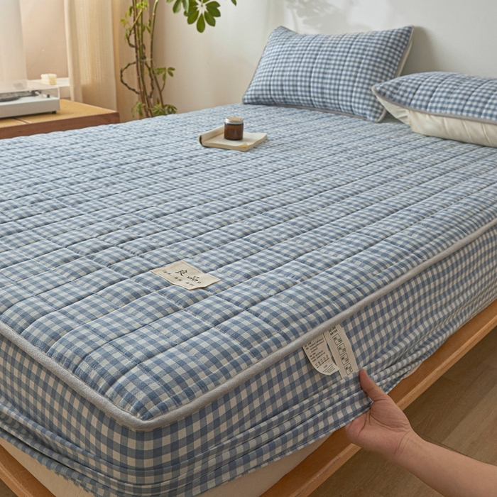 91家纺网 家纺一手货源 找家纺 伊人坊 2025新款A类全棉色织水洗棉大豆夹棉床笠 艾格 浅蓝