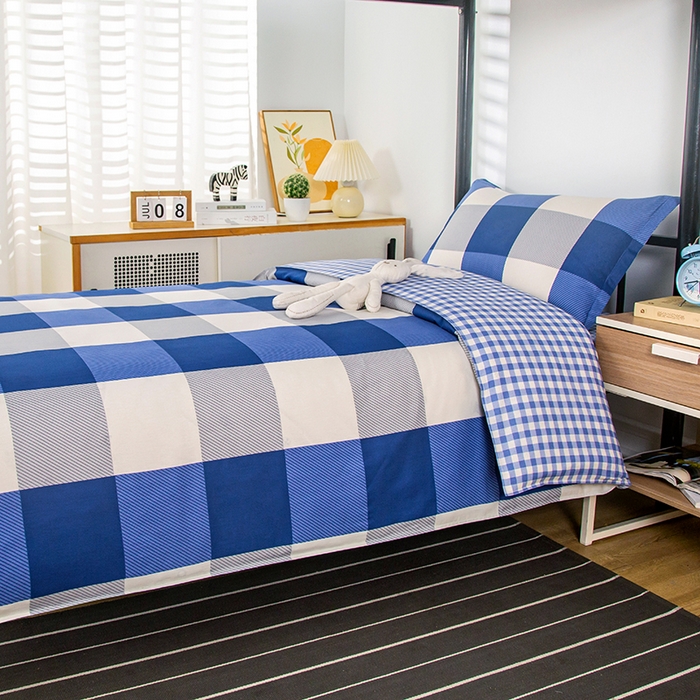 91家纺网 家纺一手货源 找家纺 乐旗 2025新款全棉12868学生宿舍三件套纯棉六件套装 蓝大格