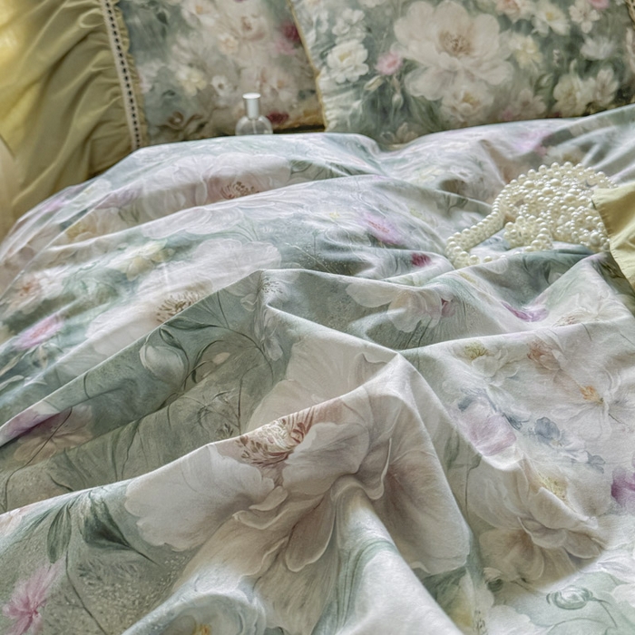 91家纺网 家纺一手货源 找家纺 亲亲公主 2025新款全棉法式宽花边四件套-玫瑰庄园 玫瑰庄园一抹茶绿