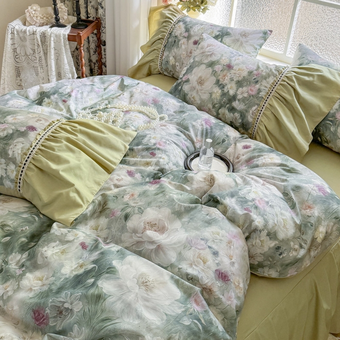 91家纺网 家纺一手货源 找家纺 亲亲公主 2025新款全棉法式宽花边四件套-玫瑰庄园 玫瑰庄园一抹茶绿